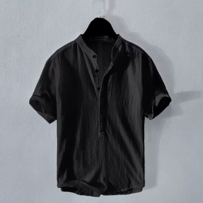 Breathable Linen Blend Short Sleeve Shirt For Men, Casual Summer Pullover Top With Comfort Fit_viptrois.com