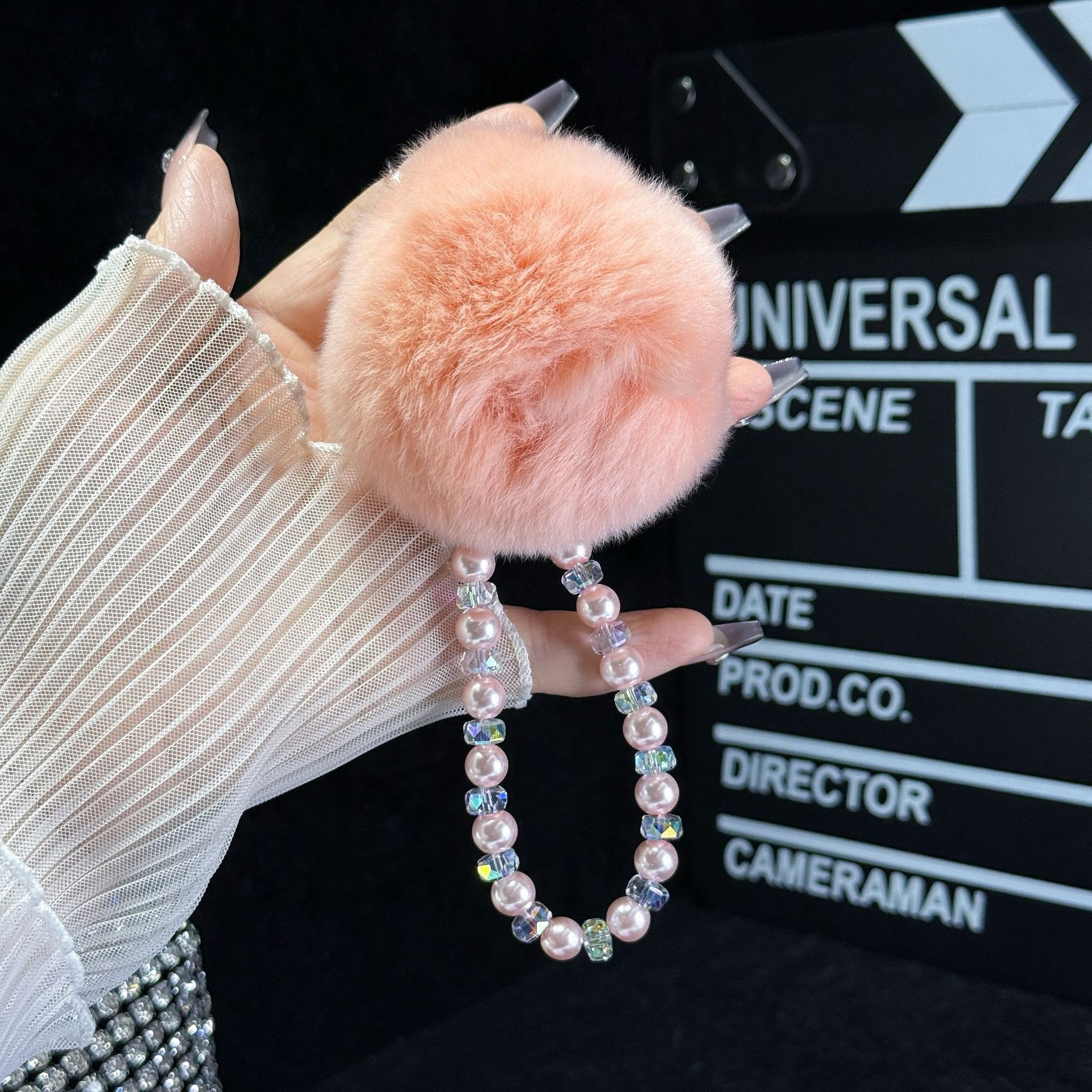 라이트 핑크 라지 퍼 볼 + 진주 크리스탈 비즈 팔찌 [무료 패치]