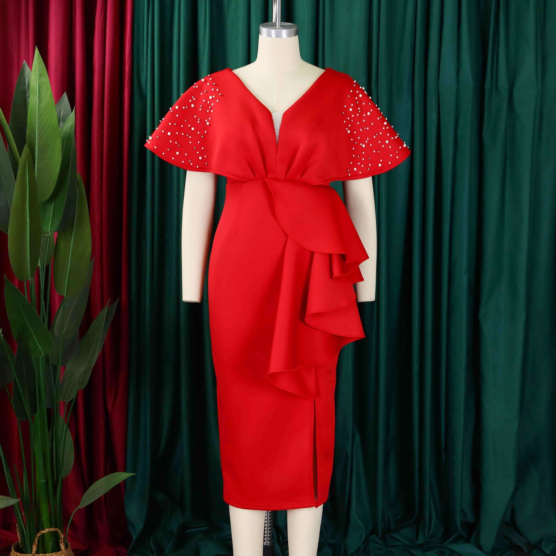 Robe de soirée sexy à col en V et à volants avec fente perlée, robe de banquet de tempérament de célébrité_voghion.com