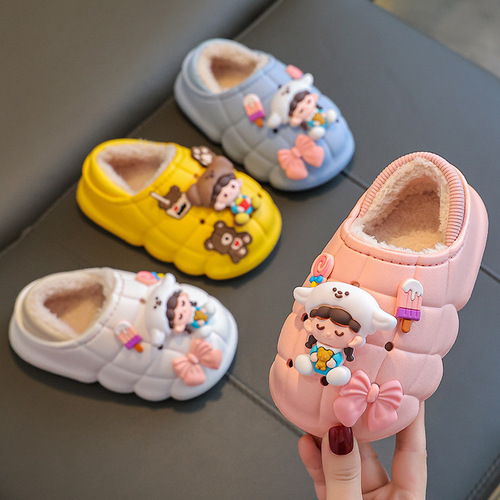 Baby and children's cotton slippers for boys and girls in winter, indoor waterproof and poop-feeling bags, parent-child cute home cotton shoes