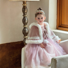 秋冬新款女童长发乐佩公主裙儿童蓬蓬纱裙连衣裙生日礼服长裙斗篷