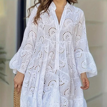 跨境亚马逊欧美女装春夏新品简约风纯色设计感镂空花纹宽松连衣裙