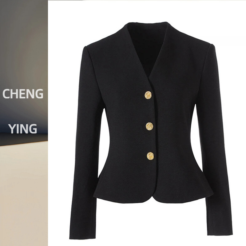 In-Stock Spring and Autumn Nanyou Style Elegant Black V-Neck Waist-Cinching Blazer with Gold Buttons, Slim-Fit Short Chanel-Style Blazer Jacket
