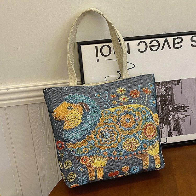 Double sided gold wire jacquard embroidered canvas student tutoring shoulder large capacity mommy bag, artistic style_voghion.com