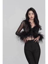 名媛重工鸵鸟毛羽毛透视雪纺衫2023新款纯欲轻熟风辣妹上衣纯欲风