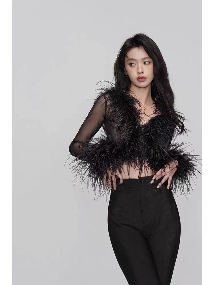 名媛重工鸵鸟毛羽毛透视雪纺衫2023新款纯欲轻熟风辣妹上衣纯欲风