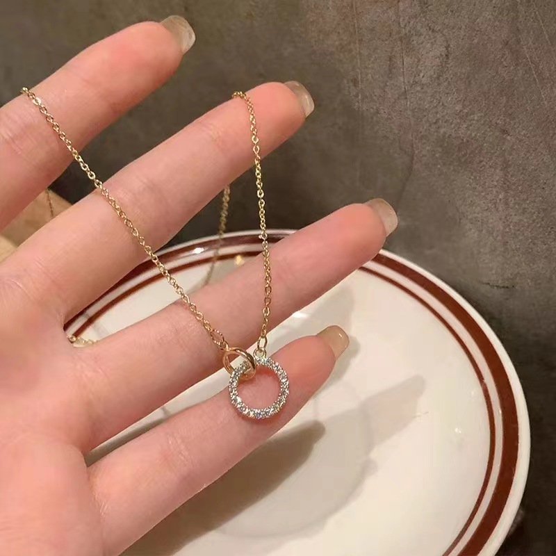 2g Weight 14K Gold Plated Plating Material 925 Sterling Silver Cable Chain Double Ring Pendant Necklace