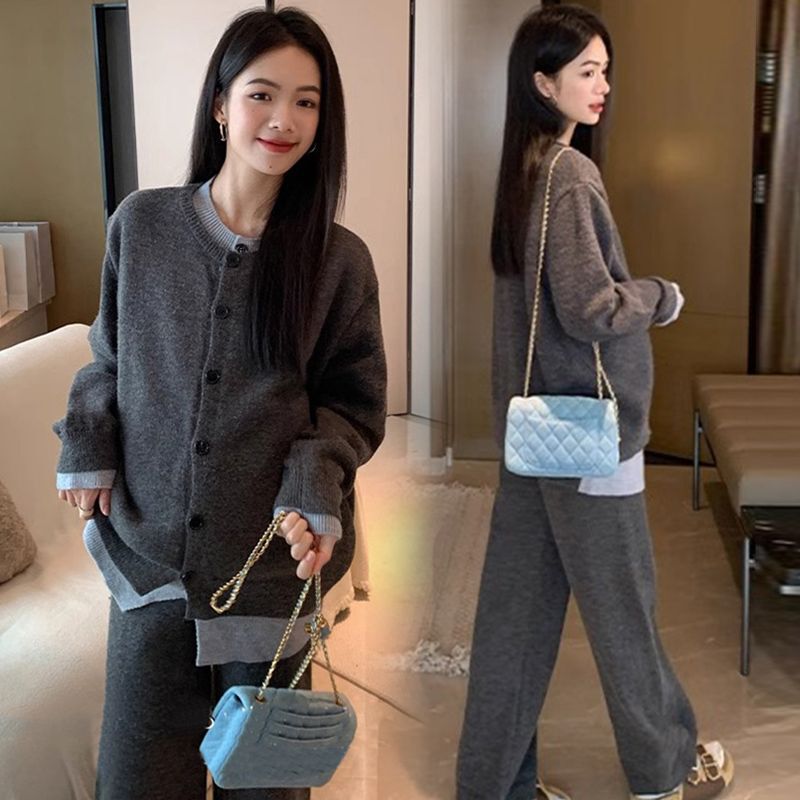 孕妇套装秋冬装外穿时尚慵懒风针织毛衣上衣阔腿裤两件套秋冬季女|undefined