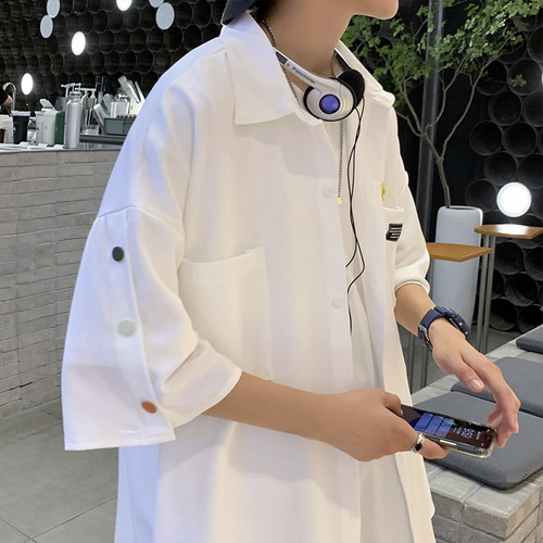 Men's Summer Thin-Padded Button-Down Short-Sleeve Shirt, Loose and Versatile Casual Trendy Instagram Hong Kong Style Japanese Five-Sleeve Outerwear