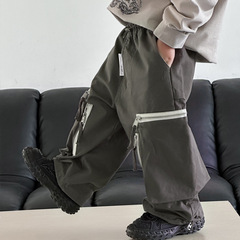兒童褲子2024年春季男童新款百搭拉鏈工裝褲中小童洋氣口袋休閒褲