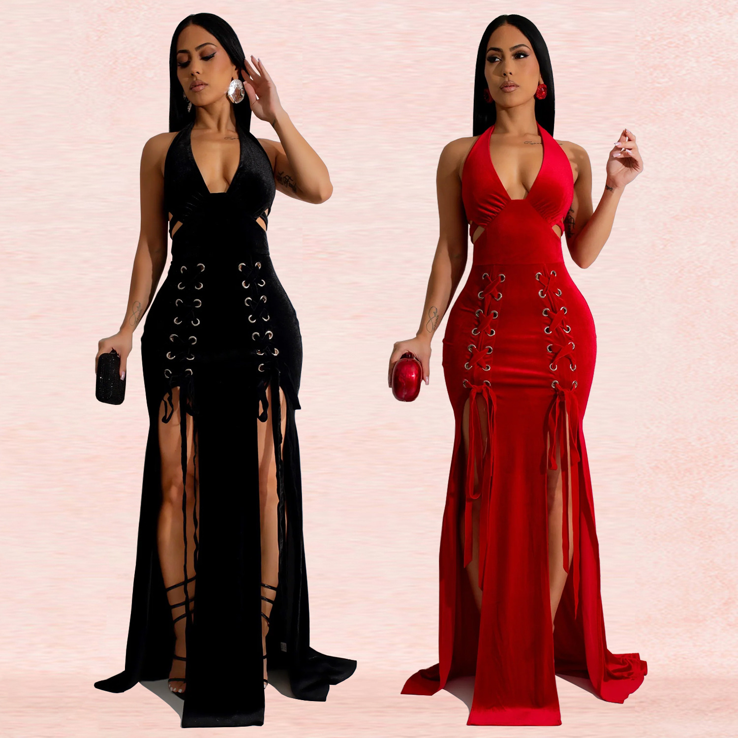 C7156 Aliexpress transfronterizo Amazon Europa y América moda de mujer cuello colgante brazo sexy vestido bifurcado nuevo