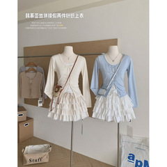 塞纳纯欲甜妹蕾丝U领系带假两件针织衫女秋季修身显瘦氛围感上衣