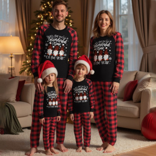 Santa Claus Style Home Wear with English Letters, European and American Style Parent-Child Clothing, Wearing a Hat, Black and Red Color Matching Parent-Child Home Wear
