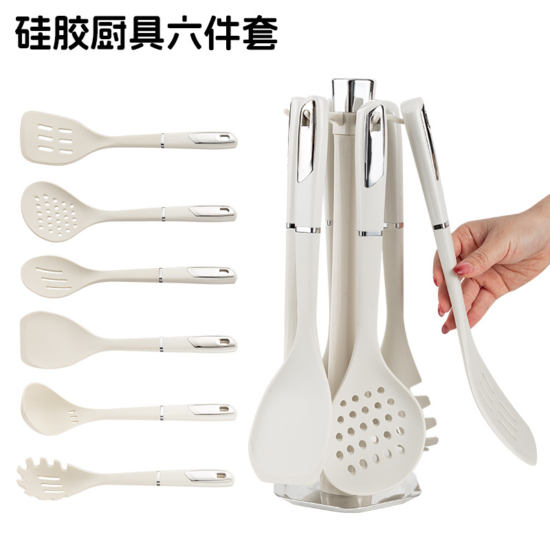 utensilios de cocina transfronterizos de silicona set de utensilios de cocina set de seis piezas con asiento de almacenamiento set de utensilios de cocina nueva moda 7 piezas