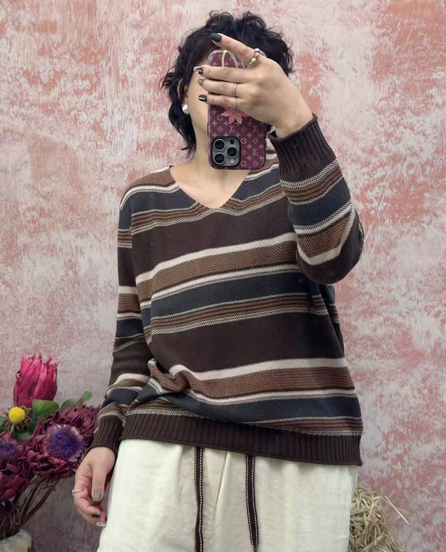 新品时尚复古V领针织衫女棉线长袖撞色条纹毛衣|undefined