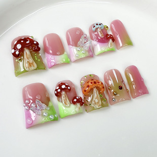 Nail Art European and American Duckbill Nails, Mushroom Multi-Color Gradient Ice-Transparent French Relief Fake Nails, Wearable Nails, Purely Handmade