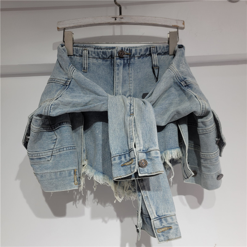 Pantalón Falda de Mezclilla con Nudo para Mujer de Poliéster Denim de Cintura Baja para Uso Diario