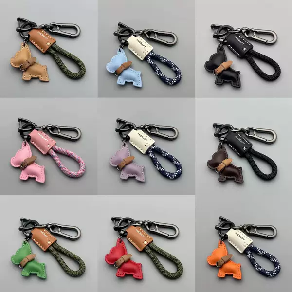 Handmade Genuine Leather Puppy Keychain, Small Apple Pendant, Wedding Throw-Out Favors, French Bulldog Car Pendant
