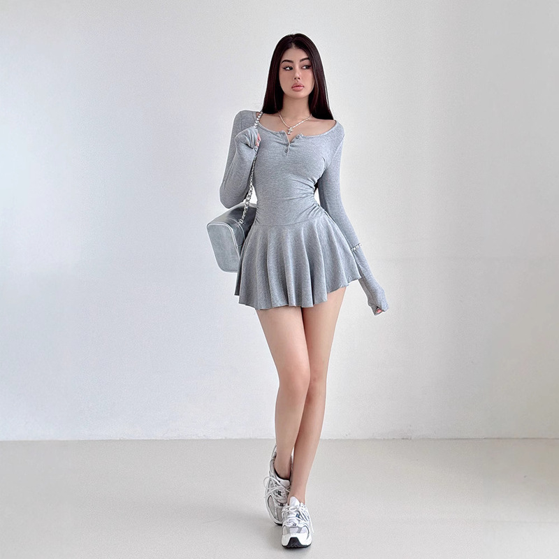 Pure desire ballet style U collar long sleeve dress women's autumn pleated waist A- line short skirt Pure desire ballet style U collar long sleeve dress women's autumn pleated waist A- line short skirt
