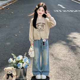 女童秋冬卡其色卡通圆领毛衣2026新款儿童薄毛衣女孩阔腿裤套装潮