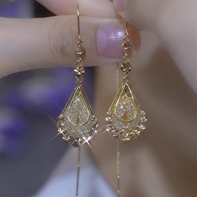 High-end Light Luxury Gold Silk Mesh Crystal Water Drops Tassel Ear Line Elegant Long Face Skinny Earrings All-match Earrings