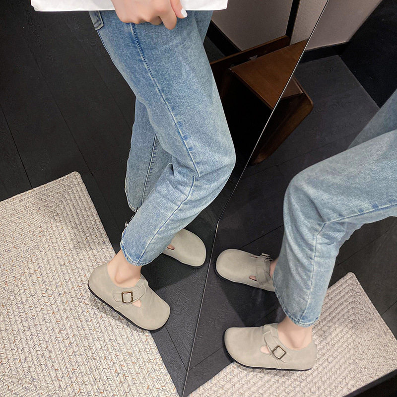 Dép sandal nữ bít mũi da thật quai khóa đế dày kiểu Birkenstock — 261 Màu nâu sẫm (toàn bộ), 261 Xám (toàn bộ), 261 kaki (toàn bộ băng đảng), 265 kaki (nửa kéo)