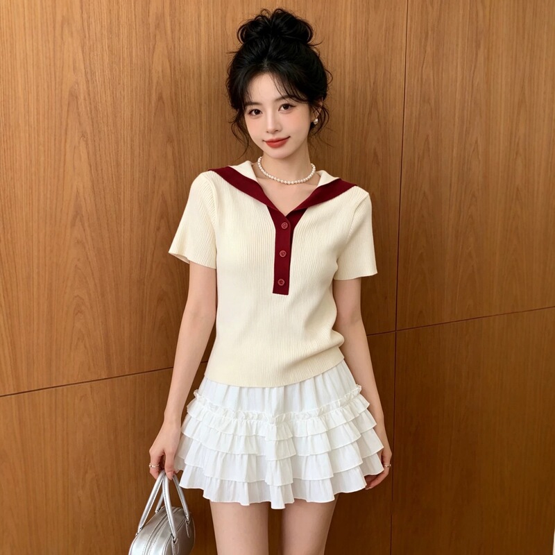 V-Neck Color-Blocked Knit Women's Top 26 Summer New Style Super Youthful Slimming Waist-Cinching Stylish Lightweight Commuter Top V-Neck Color-Blocked Knit Women's Top 26 Summer New Style Super Youthful Slimming Waist-Cinching Stylish Lightweight Commuter Top