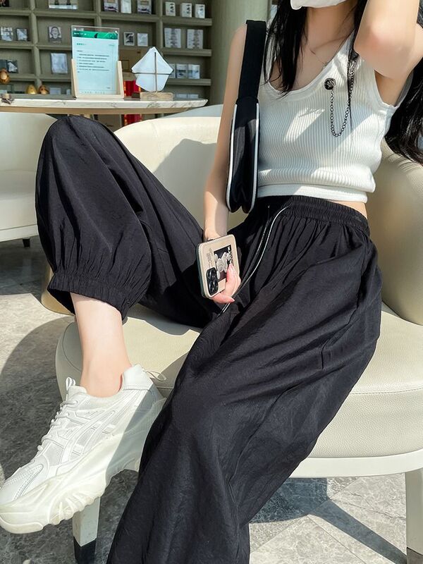 冰丝速干裤九分女夏薄款宽松显瘦运动束脚哈伦萝卜防蚊防晒灯笼裤|undefined