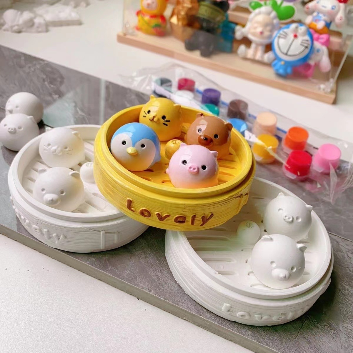 小蒸笼石膏娃娃批发网红款3d立体白坯儿童玩具涂色夜市摆摊小笼包