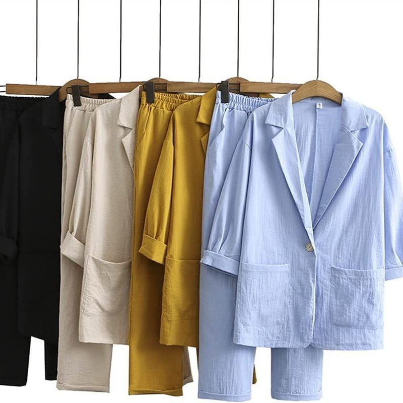 Women's Cotton and Linen 2-Piece Suit Jacket + Pants Autumn Loose Fashion Casual Cotton and Linen Suit Top Set