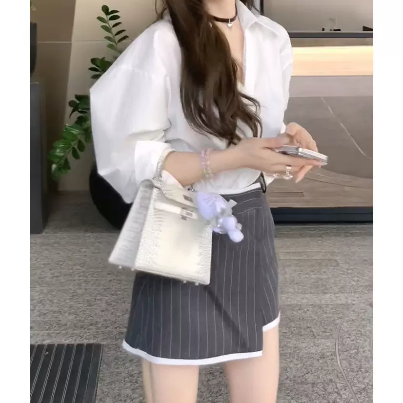 韩系气质温柔风套装女2026年春新款设计感蕾丝衬衫西装条纹半身裙