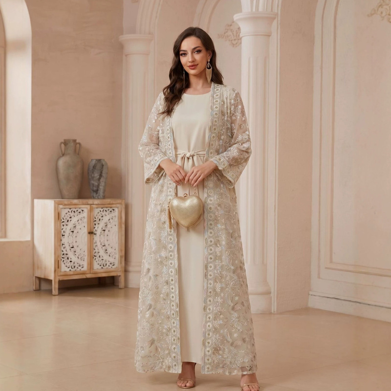 Cross-Border Long Robe Elegant and Luxurious Two-Piece Set Lace Mesh Dress Vest Embroidered Coat Loose Fit Slimming Effect