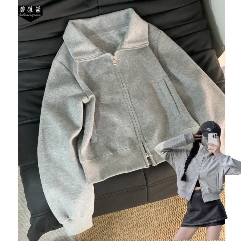 Autumn Gray Sweatshirt Short Jacket Women's 2025 New Small Right Shoulder Slim Thin Cardigan Top