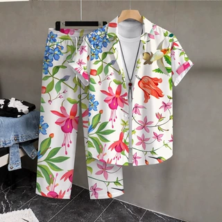 欧美Y2K男士花朵3D印花 短袖衬衫套装速卖通TEMU夏季休闲时尚套装