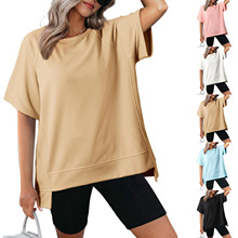 2024亚马逊跨境夏季新款欧美拼接纯色圆领七分喇叭袖宽松上衣T恤