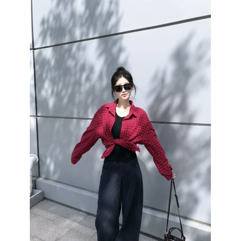 Красная клетчатая рубашка женская весна-лето 2025, новая корейская стильная свободная повседневная рубашка, ленивый стиль, длинный рукав, солнцезащитная куртка