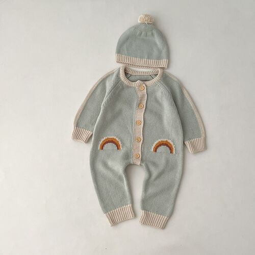 ins Korean version super cute newborn baby romper baby knitted jumpsuit rainbow sweater comes with hat