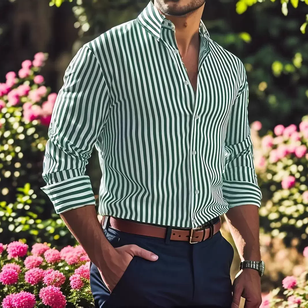 欧美跨境亚马逊条纹男装潮流长袖衬衫创意元素 3D数码印花衬衣