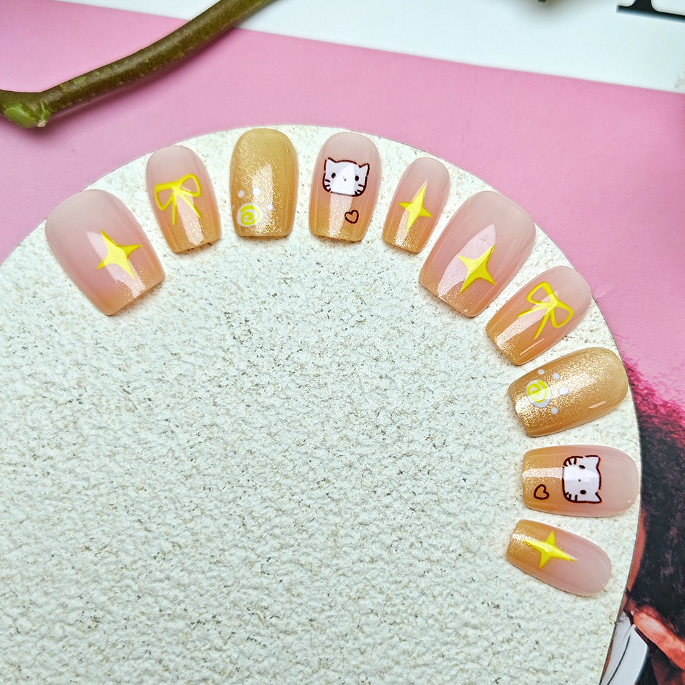 Nuevos productos de verano manicura de dibujos animados, lazo de gato, armadura infantil, 10 piezas, ojos de gato, uñas postizas hechas a mano image 5