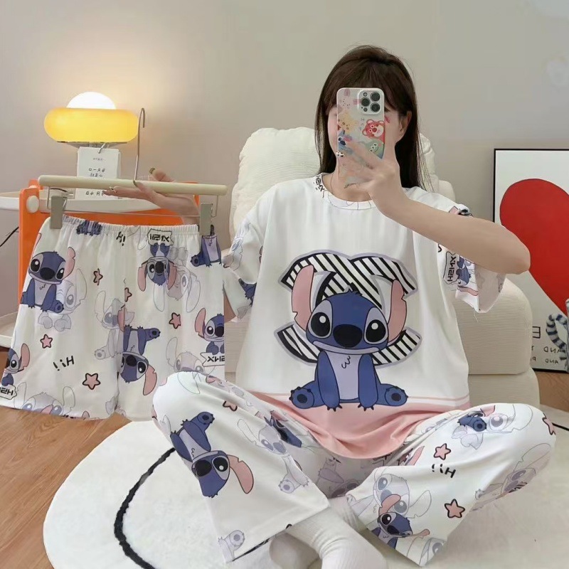 Pijamas de verano transfronterizos pijamas de leche de seda de tres piezas set de dibujos animados comercio exterior ropa para el hogar pantalones de mangas cortas lindos