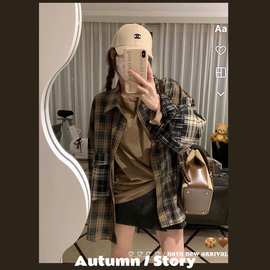 四色拼接宽松复古减龄格纹潮酷衬衫外套秋季新款女装G123韩系格纹