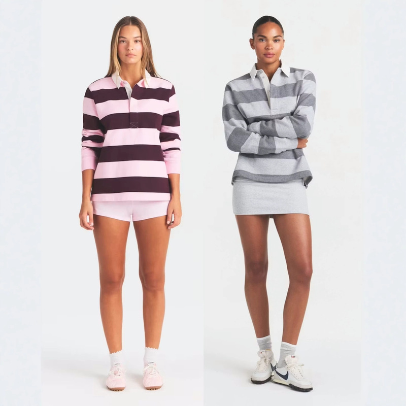 SKIMS Women's Pink and Purple Contrast Stripe Polo Shirt, Vintage Loose Long Sleeve Rugby Top Polo Shirt