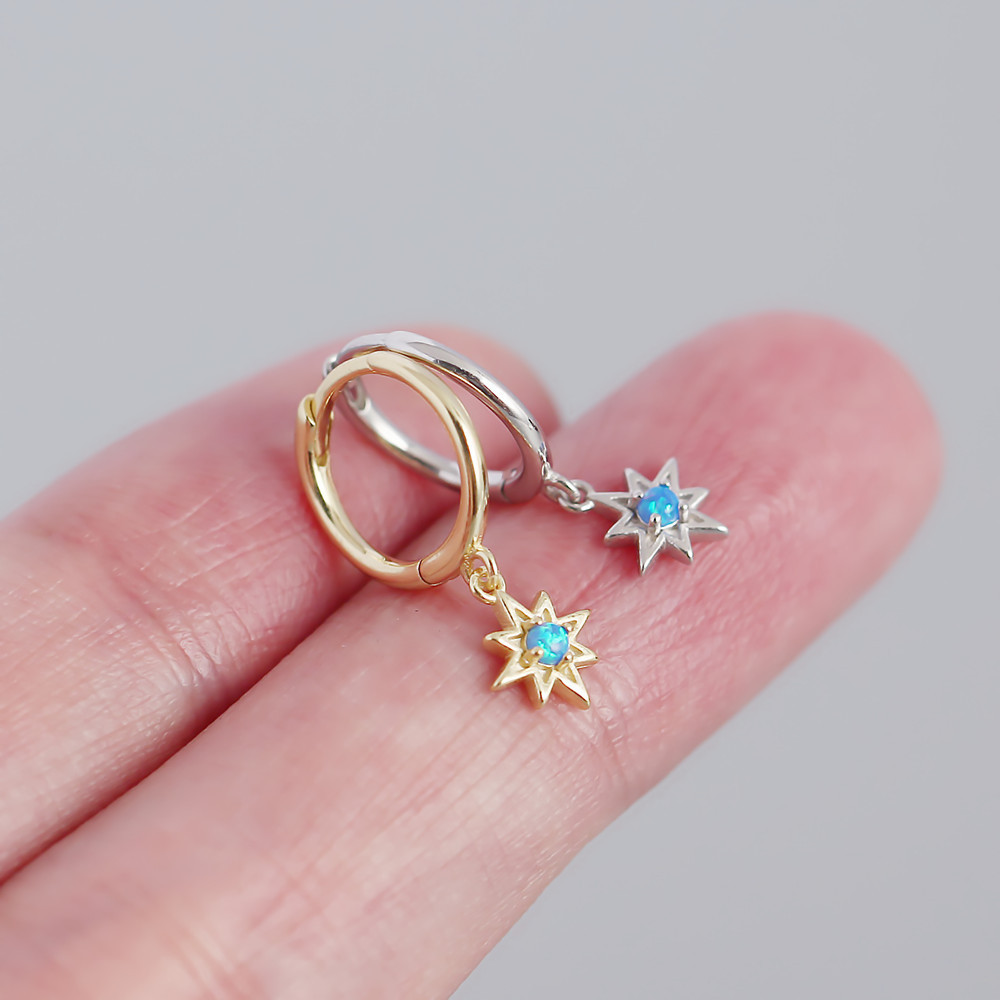 925 Sterling Silver Ear Needle Material Yhe0343 S925 Silver Geometric Octagonal Star Opal Earrings Small Fresh Earrings