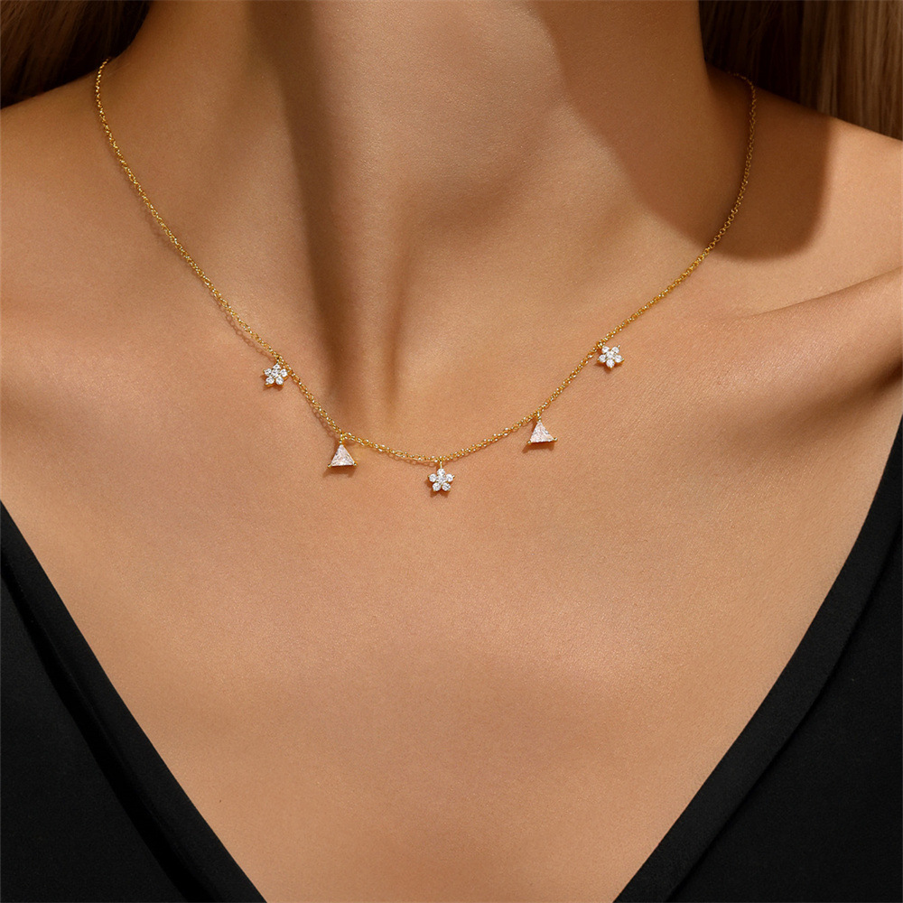 925 Sterling Silver Pendant Material Zircon Inlay Material 925 Sterling Silver Zircon Cable Chain Plating Triangle Flower Multi Charms Necklace