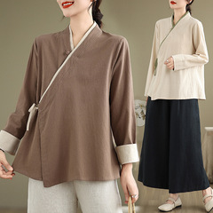 新しい唐装漢服女性の中国風トップス綿とリネンティーアーティスト服茶服在家服禅服長袖秋