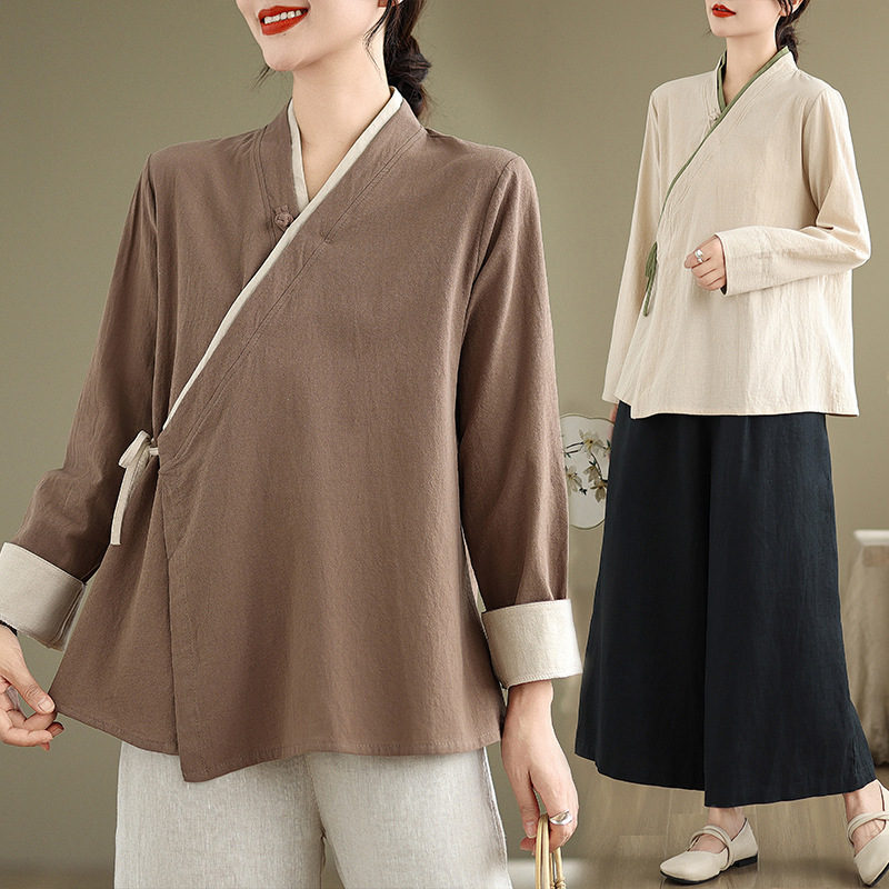 新しい唐装漢服女性の中国風トップス綿とリネンティーアーティスト服茶服在家服禅服長袖秋|undefined
