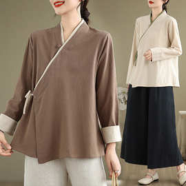 新款唐装汉服女中国风上衣棉麻茶艺师服装茶服居士服禅修服长袖秋
