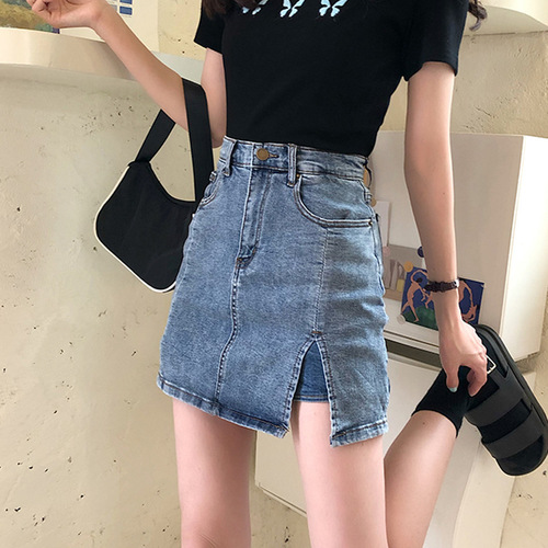 Denim skirt female Internet celebrity ins style hot girl half-length high waist elastic hip-covering A-line skirt slit anti-exposure short skirt summer