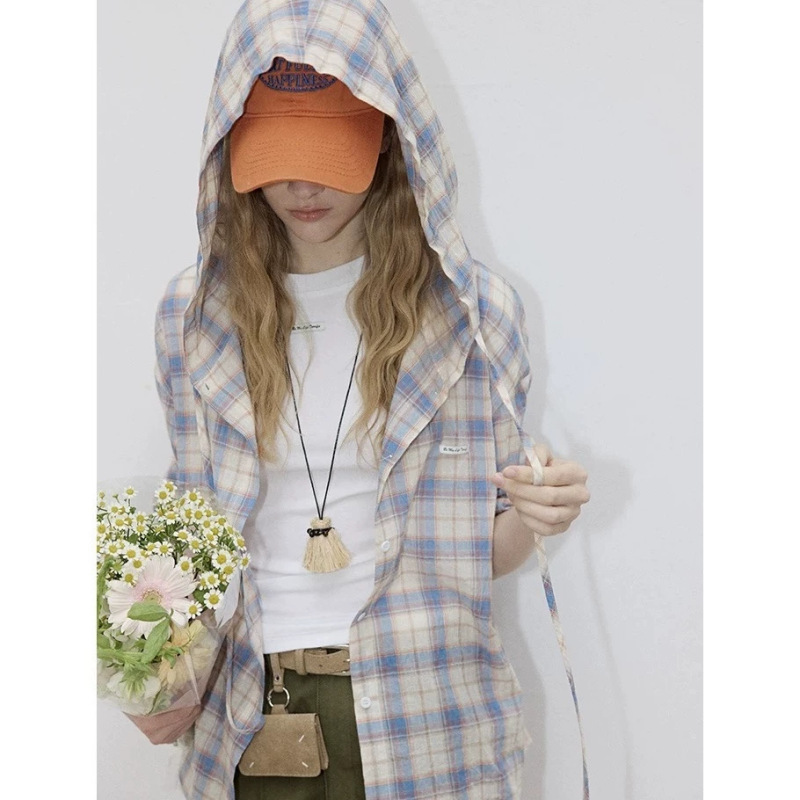 [Light Summer Blues] 2026 Summer New Fresh Plaid Hooded Sunscreen Shirt Versatile Top for Women