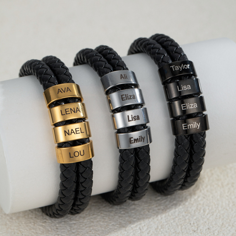 Cross-Border Hot Selling 2025 Stainless Steel Bracelet with Engraved Letters and Names, Simple Beaded Titanium Steel Leather Bracelet Jewelry